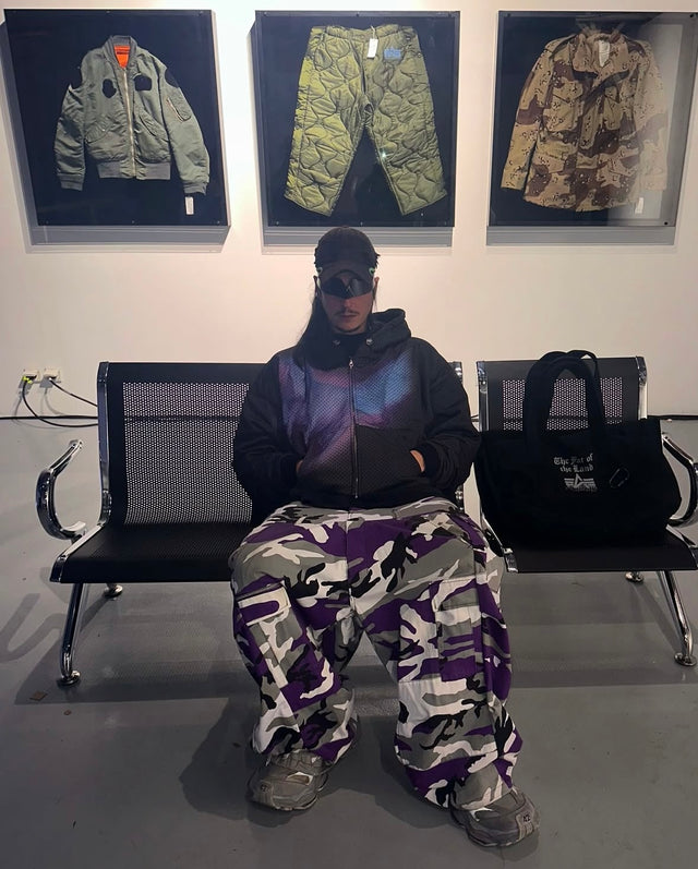 @youthofparis wearing Double Purple Cargo Pants